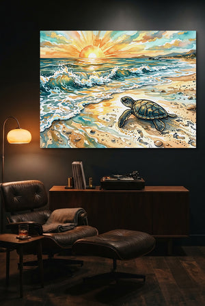 Sea Turtle Sunrise โ sea turtle sunrise p indoor living room scene 1land flush print