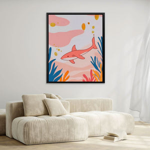 Seeking Pink Shark - Coastal Wall Art in Black Frame