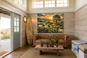 Sheep Golden Sunset โ sheep golden sunset living room with couch 3 1land flush print