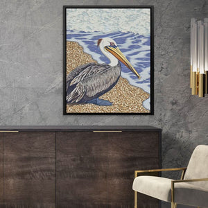 Shoreline Pelican - Bird Wall Art in Black Frame