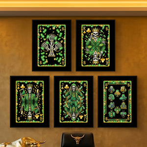 Skeleton Money Clubs Royal Flush framed set in a gold office