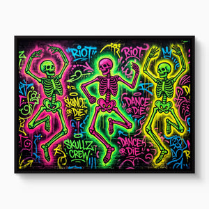 Skeletons Neon Dance โ skeletons neon dance white studio framed black