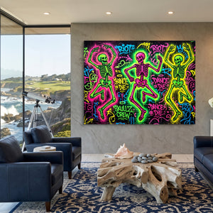 Skeletons Neon Dance โ skeletons neon dance sq coastal views 1land flush print
