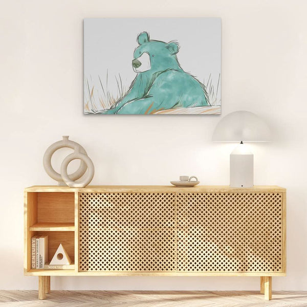 Teal Bear in a room