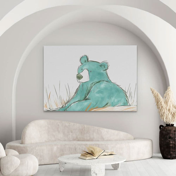 Teal Bear in a room