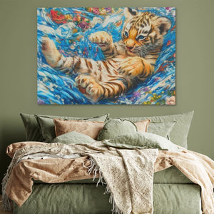Tiger Cub in Water - Modern Blue Canvas Wall Art