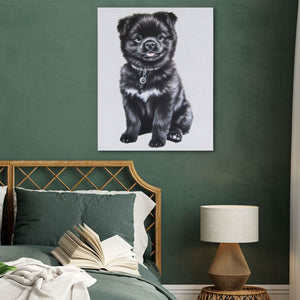 Tiny Pup with Paw Tag - Black and White Wall Art in Black Frame