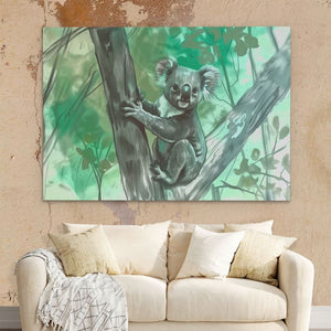Tree Climbing Koala - Green Canvas Wall Art