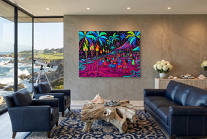 Tropical Festival Neon โ tropical festival neon living room with ocean view 1land flush print