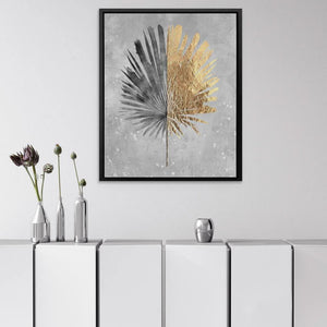 Tropical Leaf Gold - Gray Wall Art in Black Frame