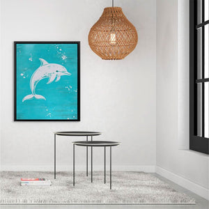 Turquoise Dolphin Splash - White Coastal Canvas Print