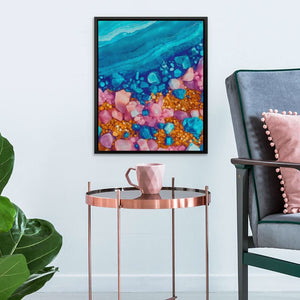 Turquoise Pink Coast - Abstract Wall Art in Black Frame