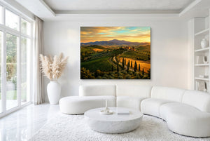 Tuscan Countryside Golden โ tuscan countryside golden white room with furniture 1land flush print