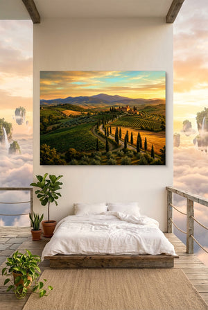 Tuscan Countryside Golden โ tuscan countryside golden p bedroom with view 1land flush print