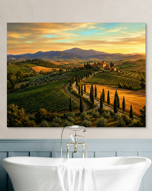Tuscan Countryside Golden โ tuscan countryside golden psd white wall green bath 1land flush print
