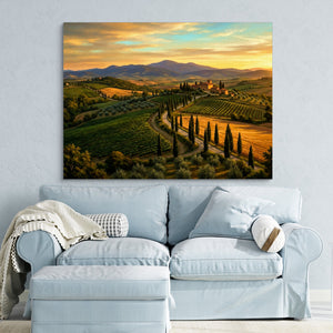 Tuscan Countryside Golden โ tuscan countryside golden sq blue pastel couch 1land flush print