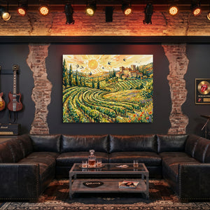 Tuscan Vineyard Sunrise โ tuscan vineyard sunrise sq man cave guitar 1land flush print
