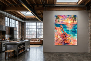 Ukulele Beach Sunset โ ukulele beach sunset kitchen interior with island 1port flush print