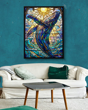 Whale's Ascent โ whale's ascent psd aqua wall white couch 1port framed black