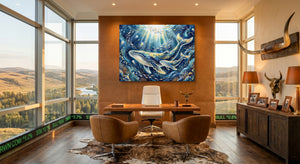 Whales Golden Glow โ whales golden glow office with desk and chairs 1land flush print