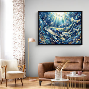 Whales Golden Glow โ whales golden glow sq curtains 1land framed black