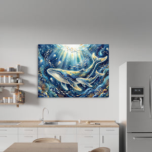 Whales Golden Glow โ whales golden glow sq kitchen wall 1land flush print