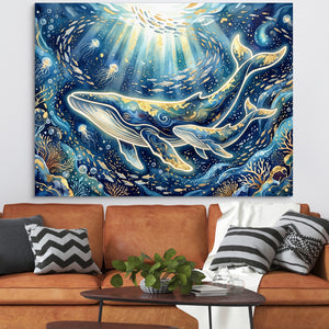 Whales Golden Glow โ whales golden glow sq orange couch 1land flush print