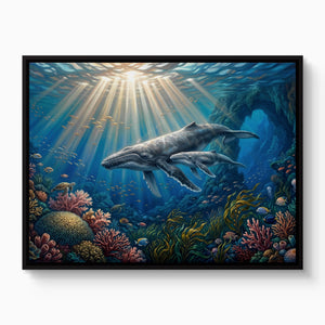 Whales Sunlit Reef โ whales sunlit reef white studio framed black