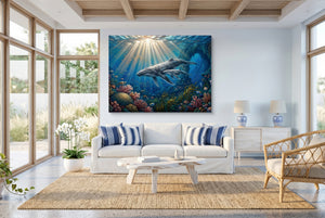 Whales Sunlit Reef โ whales sunlit reef living room with windows 1land flush print