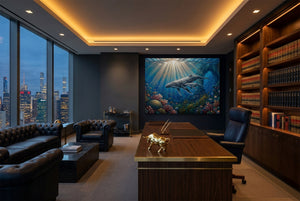 Whales Sunlit Reef โ whales sunlit reef office with city view 4 1land flush print