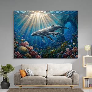 Whales Sunlit Reef โ whales sunlit reef sq boring room 1land flush print