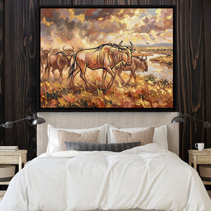 Wildebeest Golden Herd โ wildebeest golden herd sq bedroom with wood walls 1land framed black
