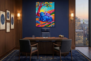 Winged Blue Cow โ winged blue cow office with city view 1port flush print