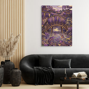 Wisteria Garden Bridge โ wisteria garden bridge sq black couch and wood walls 1port flush print