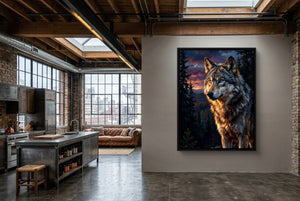 Wolf at Twilight — wolf at twilight kitchen interior with island 1port framed black