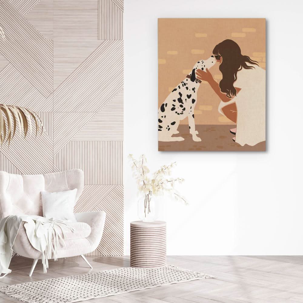 Woman and Dalmatian - Beige Wall Art for Living Room