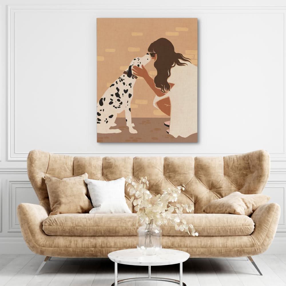 Woman and Dalmatian - Beige Dalmatian Canvas Print