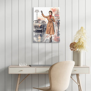 Woman Hails Taxi โ woman hails taxi sq white table 1port flush print