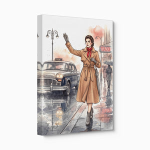 Woman Hails Taxi โ woman hails taxi angled flush print