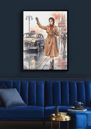 Woman Hails Taxi โ woman hails taxi sq blue luxury room 1port framed black