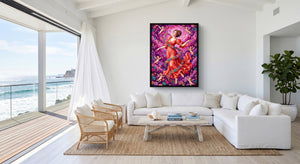 Woman Spiraling Blooms โ woman spiraling blooms beachside villa 1port framed black