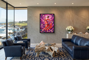 Woman Spiraling Blooms โ woman spiraling blooms living room with ocean view 1port framed black