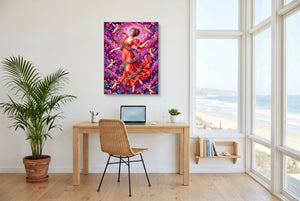 Woman Spiraling Blooms โ woman spiraling blooms office space with desk chair 1port flush print