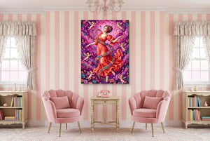 Woman Spiraling Blooms โ woman spiraling blooms pink living room interior 1port flush print