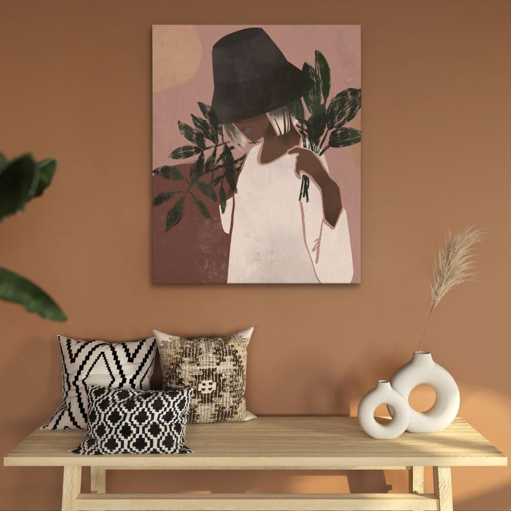 Woman with Plants - Modern Brown Canvas Wall Art