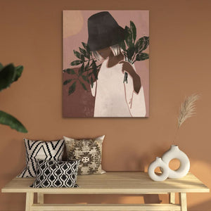 Woman with Plants - Modern Brown Canvas Wall Art