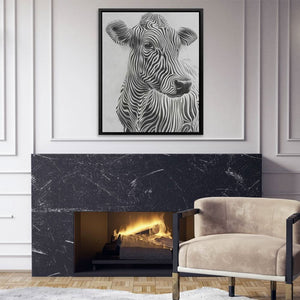 Zebra Striped Cow - Black and White Wall Art in Black Frame