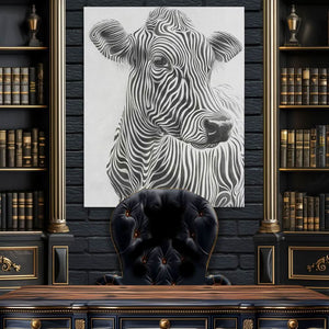 Zebra Striped Cow - Modern Wall Art in Black Frame