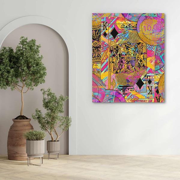 Pink King of Diamonds in a room