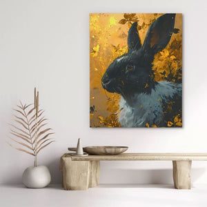 Velvet Gold Rabbit - Black Canvas Wall Art